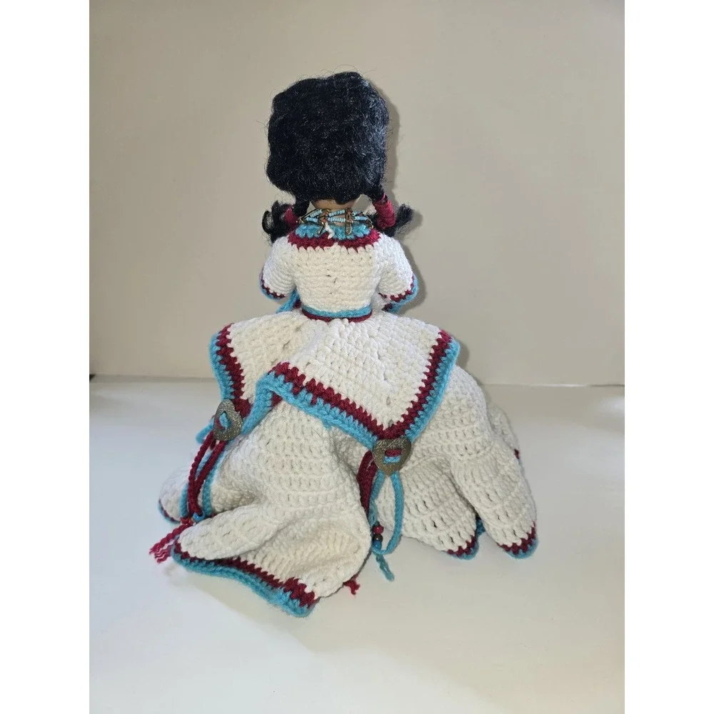 Vintage 12 Inch Fashion Doll Hand Crochet White Turquoise Burgundy Dress Beaded